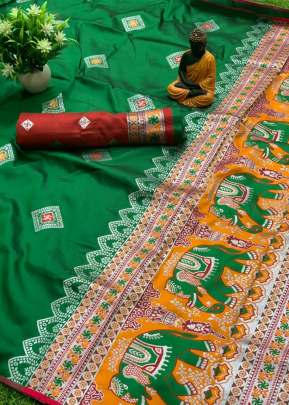 Lichi Silk Saree With Zari Waving In Green