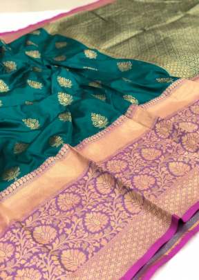 Mehndi Color Saree With Golden Butta And Peach Patta