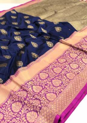 Navy Blue Color Saree With Golden Butta And Peach Patta Kanchipuram Silk Saree