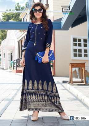 Party Wear Navy Blue Long Gown Type Kurti With Foil Print And Mirror Hand Work VIRTA-1