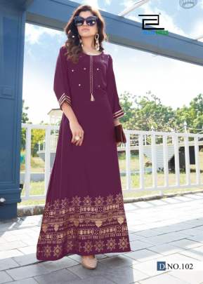 Party Wear Wine Long Gown Type Kurti With Foil Print And Mirror Hand Work VIRTA-4