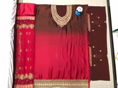 Red And Brown Shade Satin Georgette With Embroidery work Designer Suit designer suits