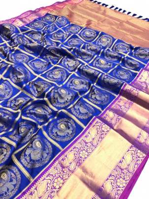 Royal Blue Peacock World Pink Patta Color Kanchipuram Silk Saree