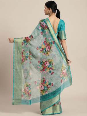 Sea Green & Pink Linen Blend Printed Saree cotton sarees