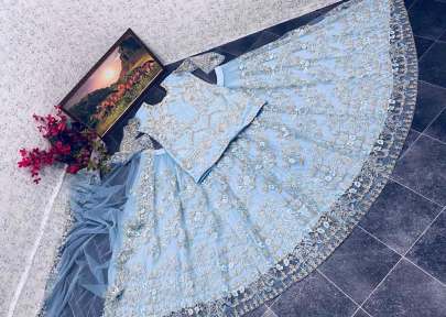 Sky Blue Color Butter Fly Net With Embroidery Work Lehenga  designer lehenga