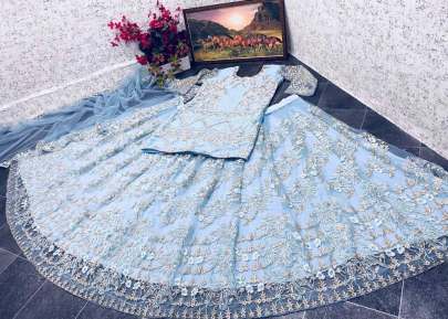 Sky Blue Color Butter Fly Net With Embroidery Work Lehenga  designer lehenga