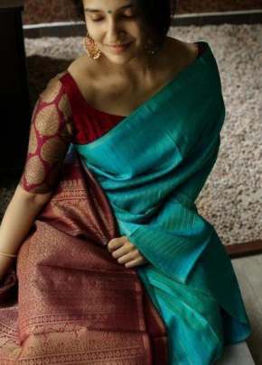 Sky blue kanchivaram silk with Red border featuring bhuttas Saree Kanchipuram Silk Saree