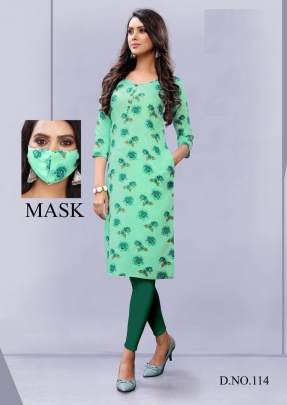 Stylish Printed Pocket Kurti With Mask In Mint Green Color 