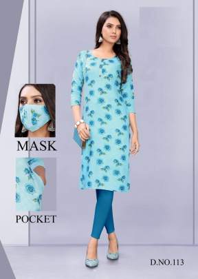 Stylish Printed Pocket Kurti With Mask In Sky Blue Color 