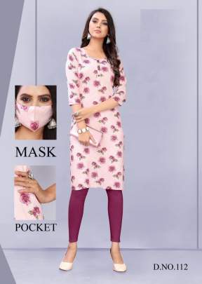 Stylish Printed Pocket Kurti With Mask In Baby Pink Color 