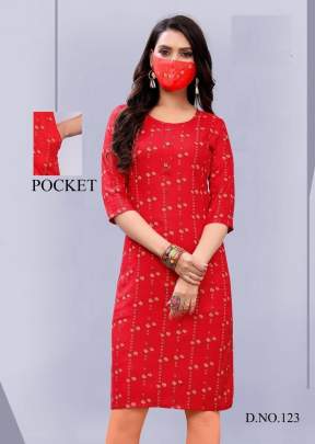 Stylish Printed Pocket Kurti With Mask In Royal Red Color 