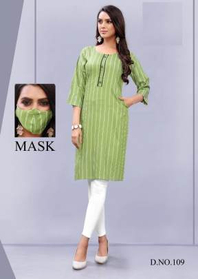 Stylish Printed Pocket Kurti With Mask In Light Green Color 