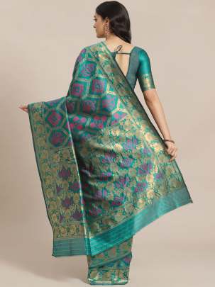 Teal & Golden Zari Woven Design Cotton Saree cotton sarees