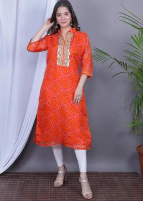 Traditional Bandhnej Printed Orange Color Kota Doriya Kurti VIBA-1