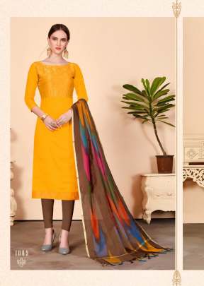 Trendy Banarasi Silk Dress Material In turmeric 