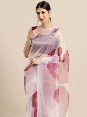 White & Pink Organza Cotton Printed Saree cotton sarees