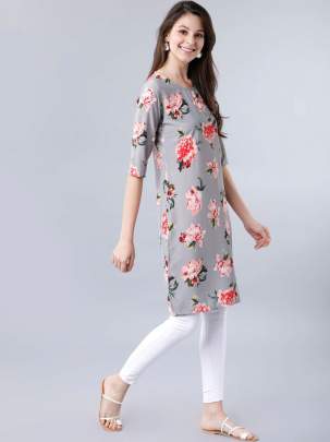 Women Grey & Red Floral Printed Straight Kurti fancy kurtis