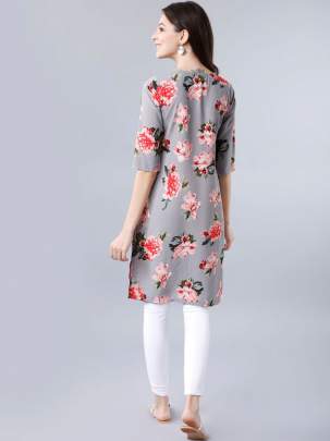 Women Grey & Red Floral Printed Straight Kurti fancy kurtis