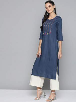 Women Navy Blue Embroidered Yoke Design Straight Kurti fancy kurtis