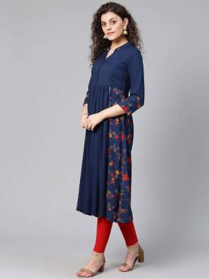 Women Navy Blue & Red Floral Print Detail A-Line Kurti fancy kurtis