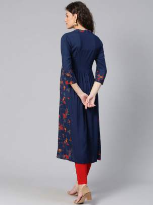 Women Navy Blue & Red Floral Print Detail A-Line Kurti fancy kurtis