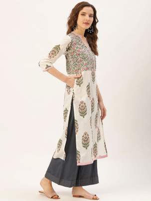 Women Off-White & Pink Printed Straight Kurti fancy kurtis