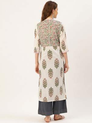 Women Off-White & Pink Printed Straight Kurti fancy kurtis