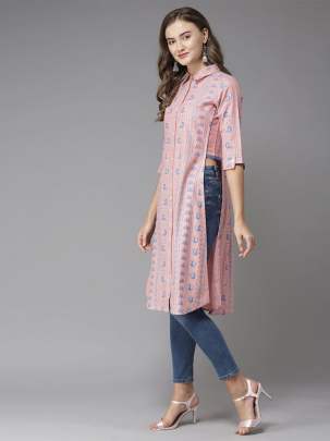 Women Pink & Blue Printed Straight Kurti fancy kurtis