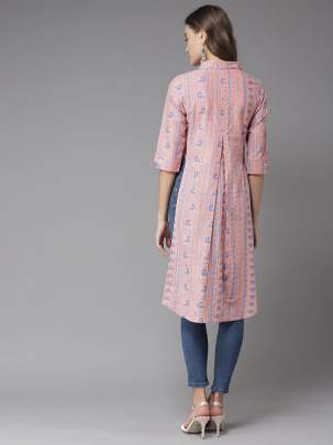 Women Pink & Blue Printed Straight Kurti fancy kurtis