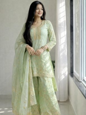 Embroidery   Work  Pista Colour Palazzo Suit