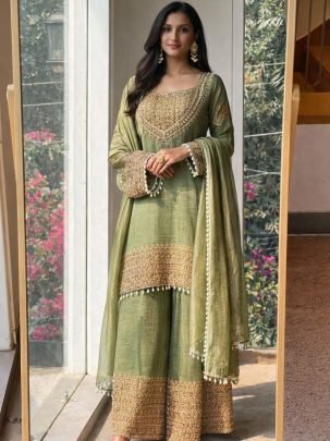 Embroidery  Work Pista  Colour Palazzo Suit