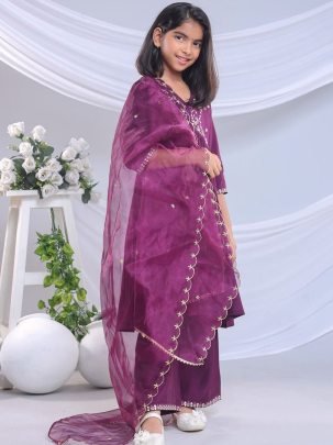 Embroidery Work  Purple Colour  Kids Sharara Suit 
