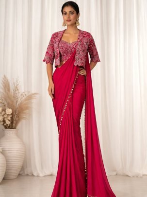Embroidery  Work Rani Pink Colour  Saree With Jacket