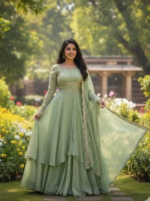 Fancy Green Vichitra Silk Embroidered Cape Top Sharara Suit