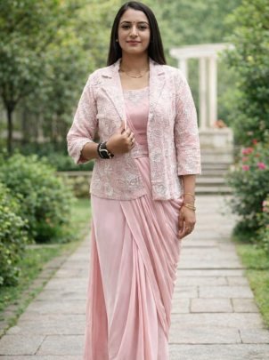  Heavy Chinon Silk Baby Pink Colour Ready To Wear Saree