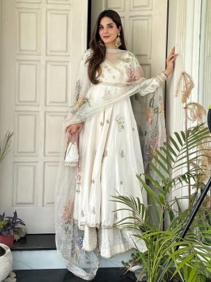 Ramzan Wear Embroidered Work Off White Colour Suit